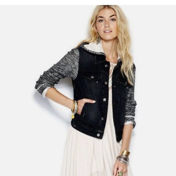 Free People Mixed Media Denim Jacket Hoodie Jean Pumice Black Boho Sz M - Picture 4 of 9